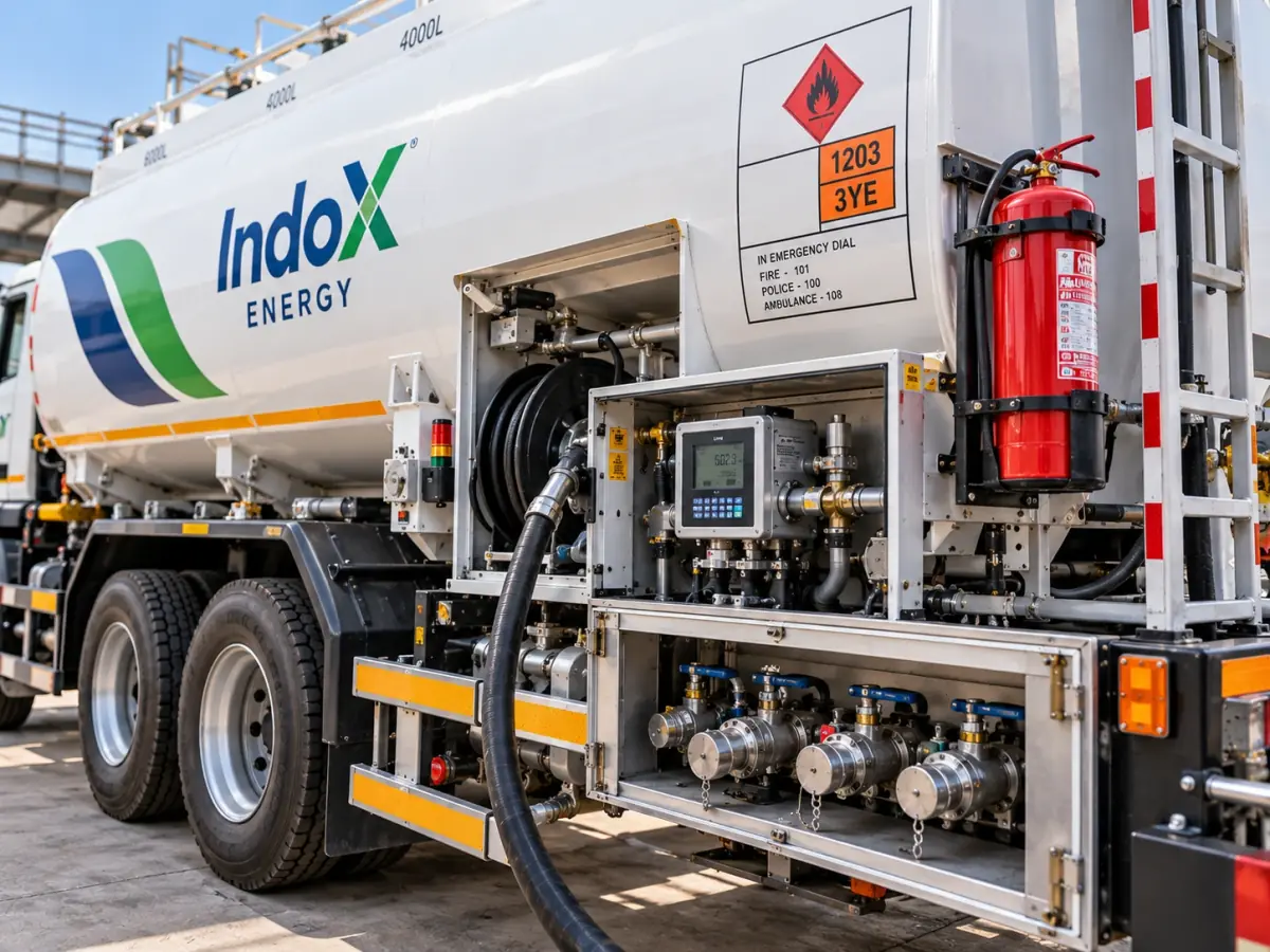 Side view of an IndoX Energy fuel bowser showing its fire extinguisher, hazard panel, metered dispensing unit and valve box