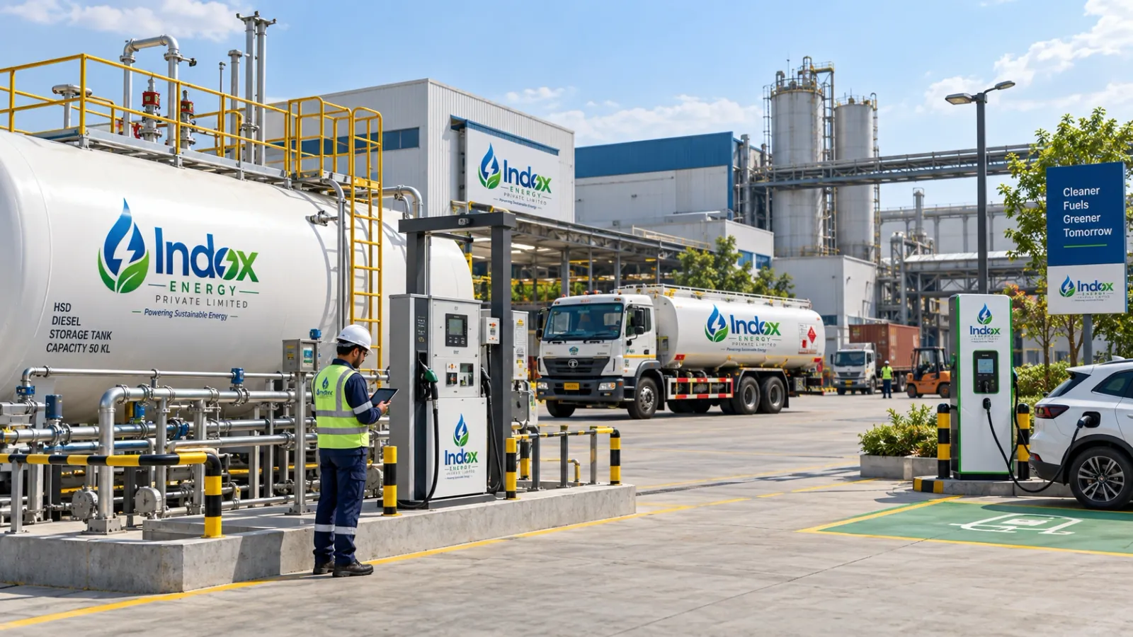 Fuel bowser, storage tanks and an EV charger at one IndoX-run site