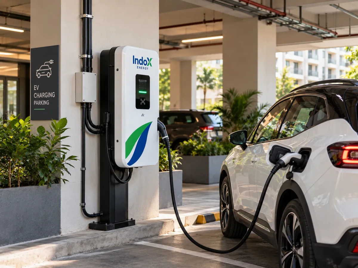 Wall-mounted AC EV charger connected to a parked car