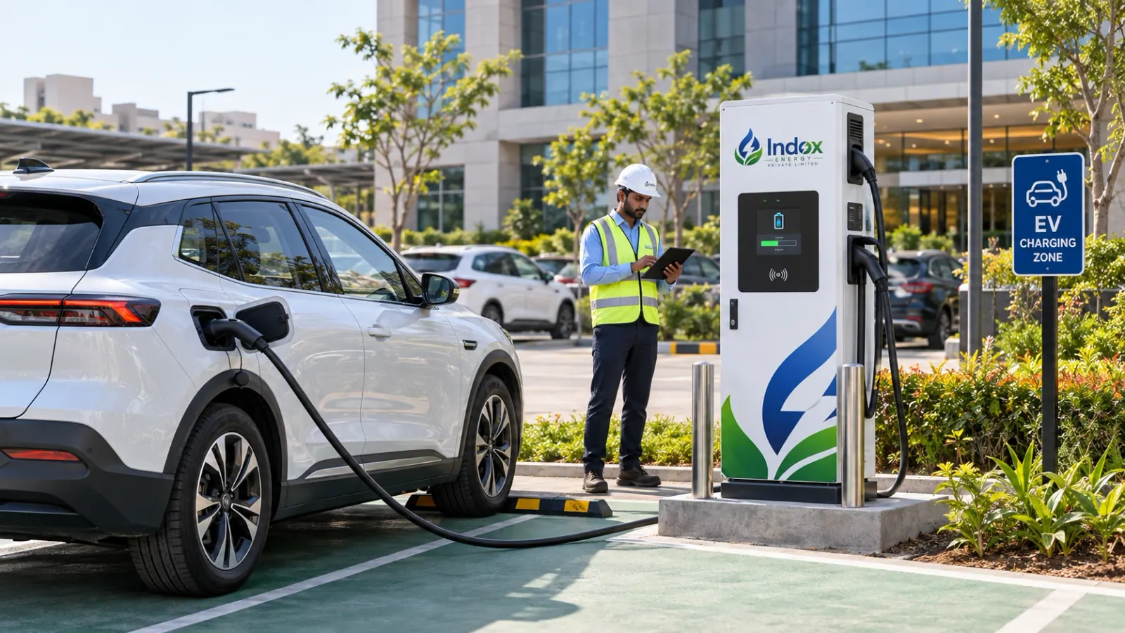 IndoX EV charger installed in a commercial parking bay