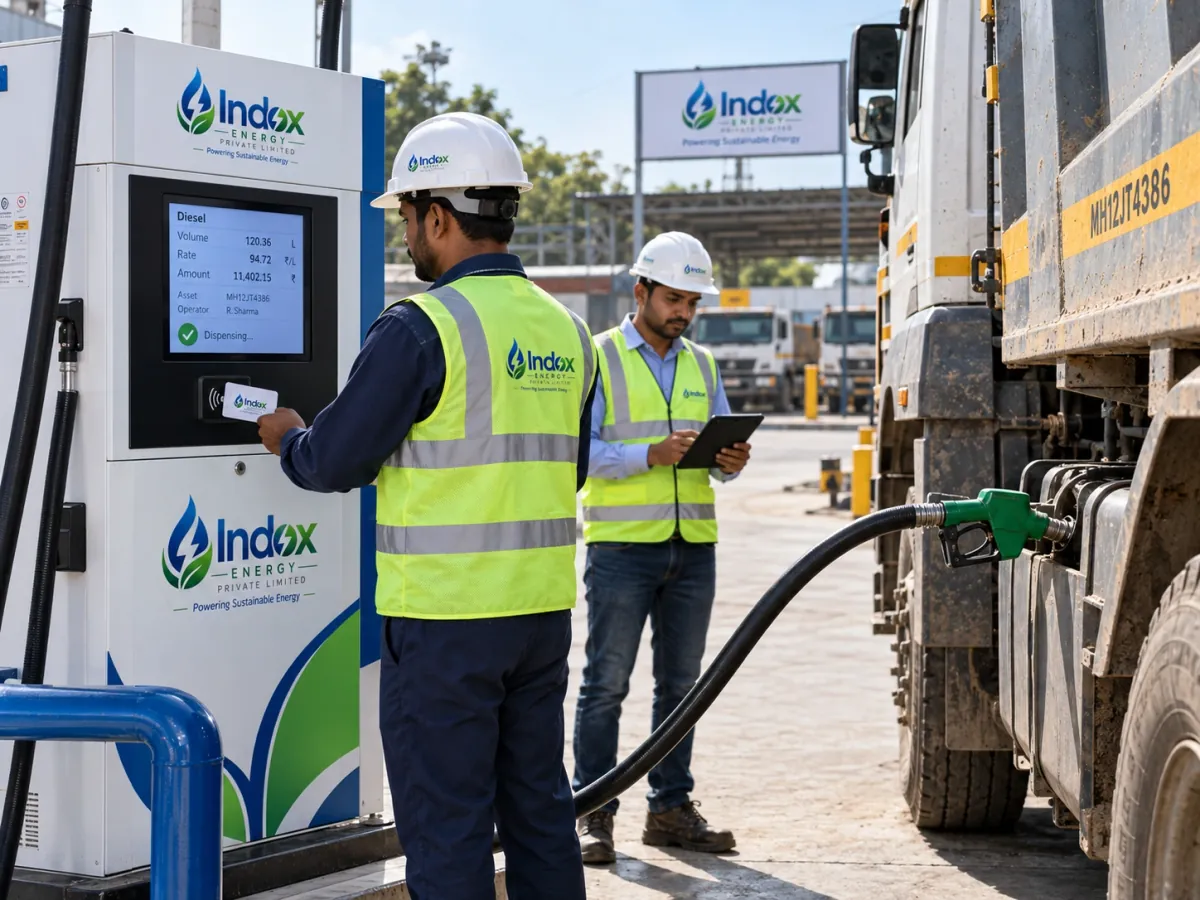 Close-up of a fuel dispensing unit meter and nozzle beside a storage tank