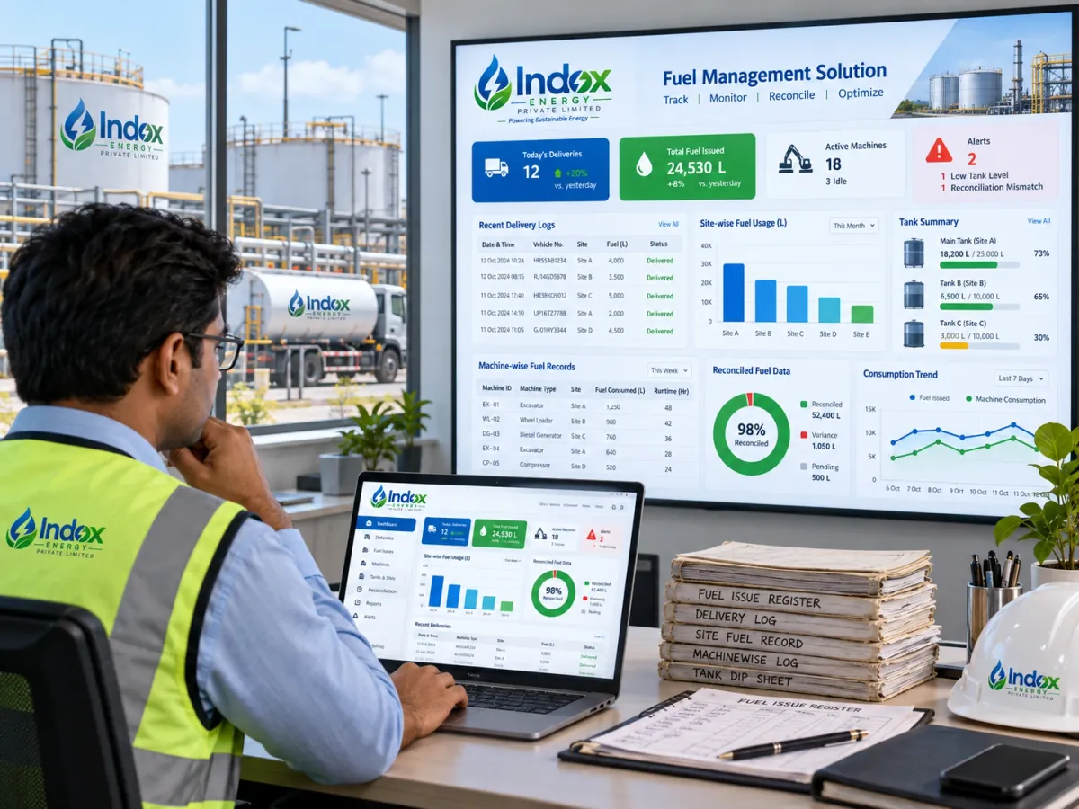 Fuel management dashboard showing site-wise consumption